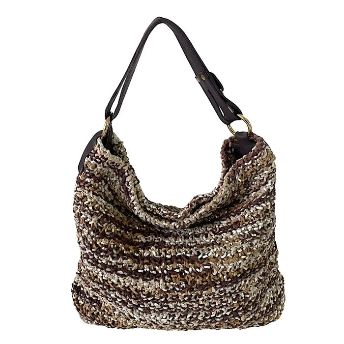 Bolsa Hobo Tricô Couro Alça Regulável Marrom - Vegana