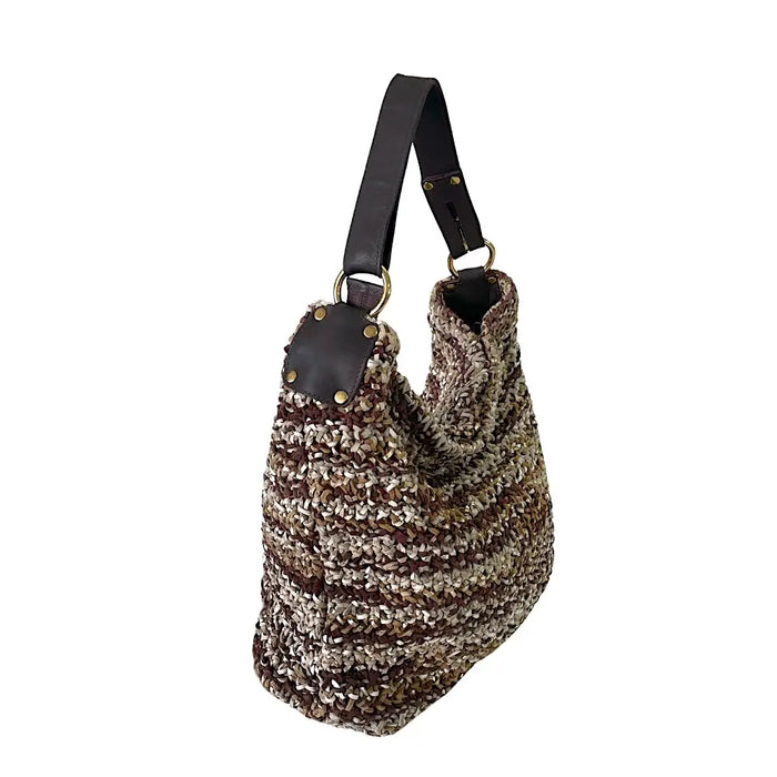 Bolsa Hobo Tricô Couro Alça Regulável Marrom - Vegana