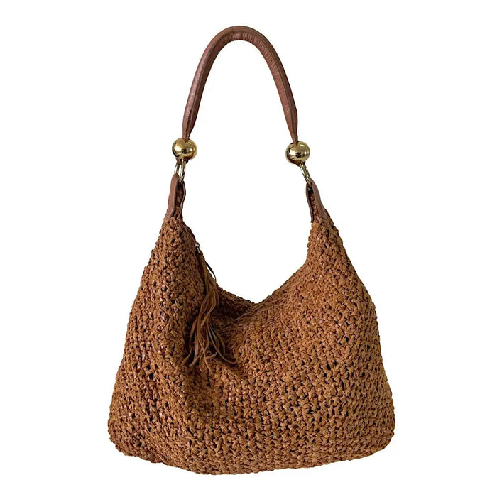 Bolsa Hobo Tricô Couro Metal Dourado Caramelo - Vegana