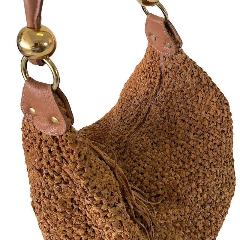 Bolsa Hobo Tricô Couro Metal Dourado Caramelo - Vegana