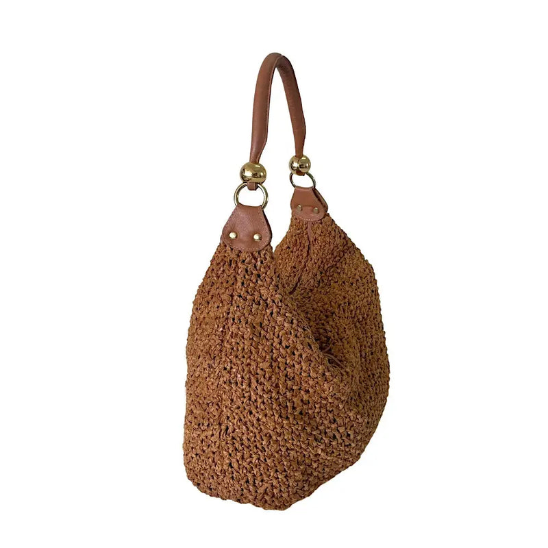Bolsa Hobo Tricô Couro Metal Dourado Caramelo - Vegana