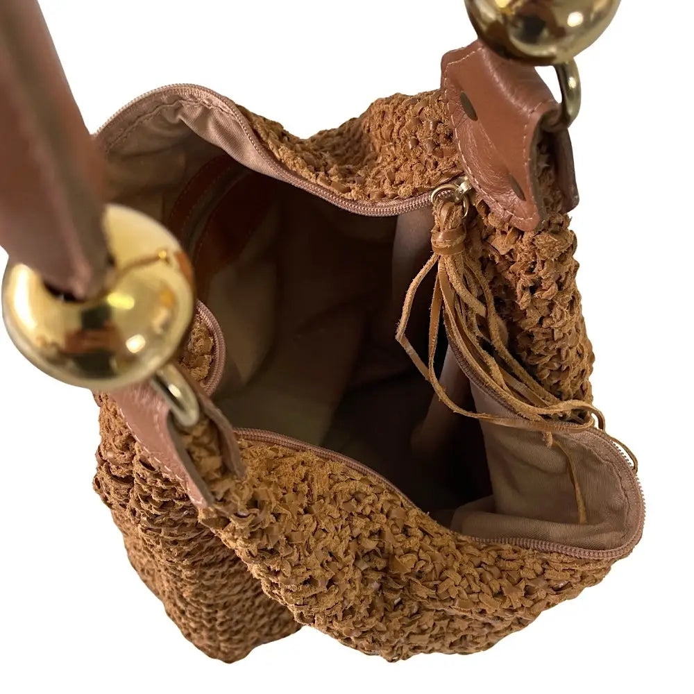 Bolsa Hobo Tricô Couro Metal Dourado Caramelo - Vegana