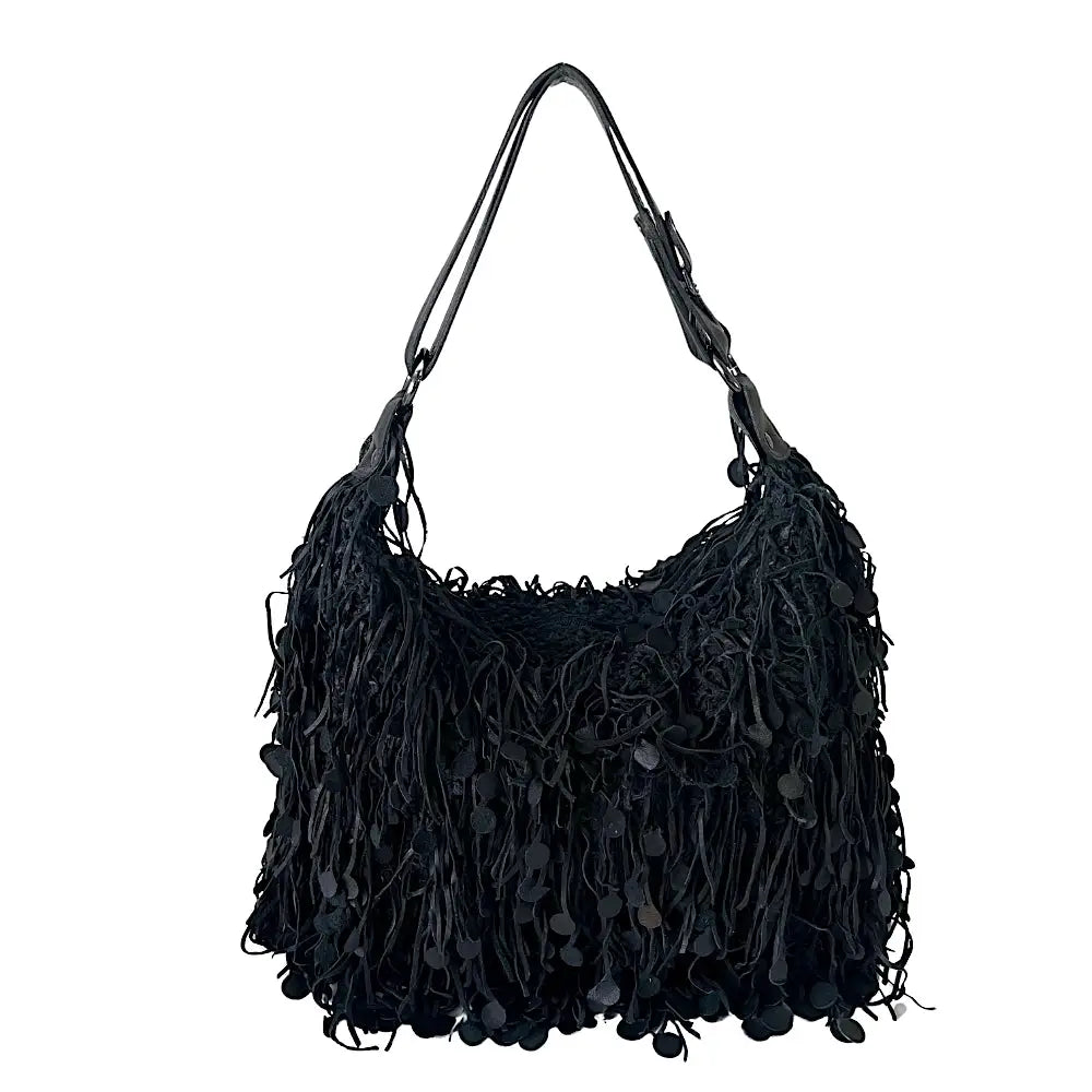 Bolsa Hobo Tricô Couro Moedas Preta - Vegana - Loja Online