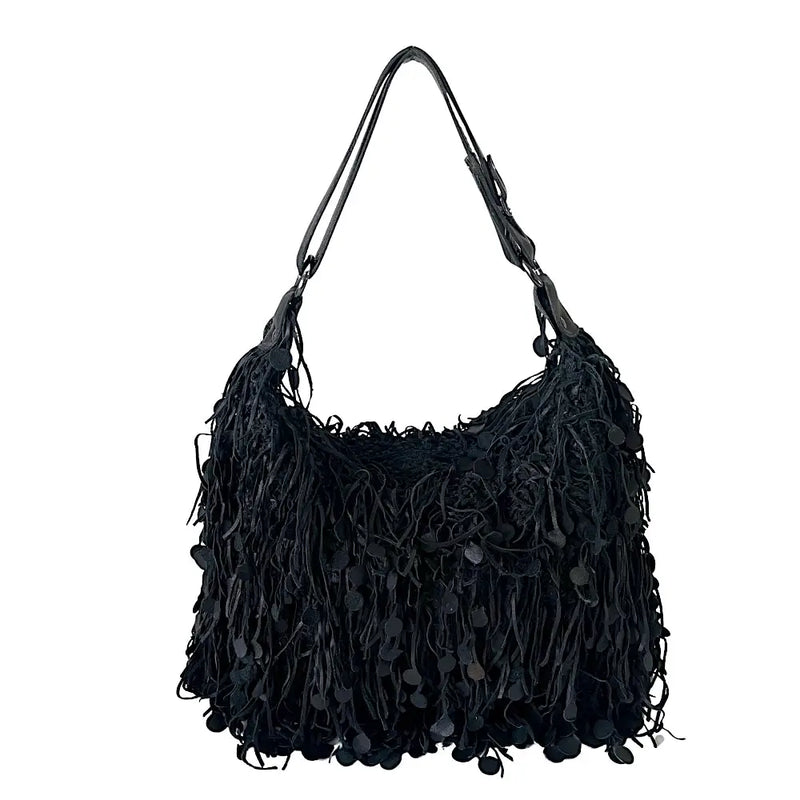 Bolsa Hobo Tricô Couro Moedas Preta - Vegana - Loja Online