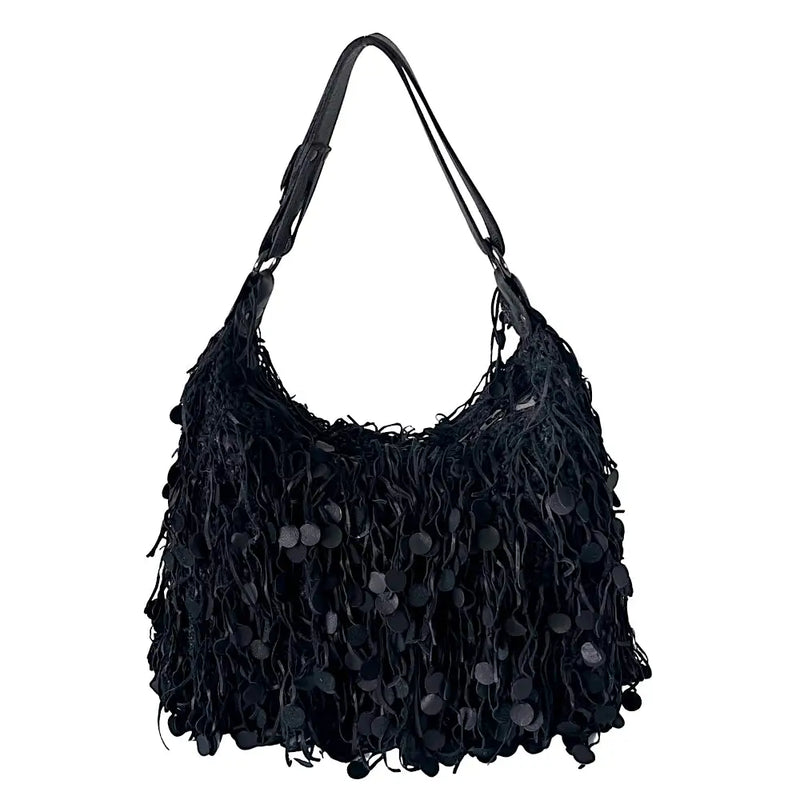 Bolsa Hobo Tricô Couro Moedas Preta - Vegana - Loja Online