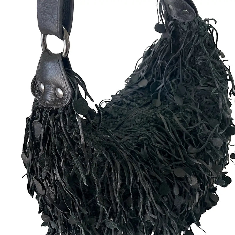 Bolsa Hobo Tricô Couro Moedas Preta - Vegana - Loja Online