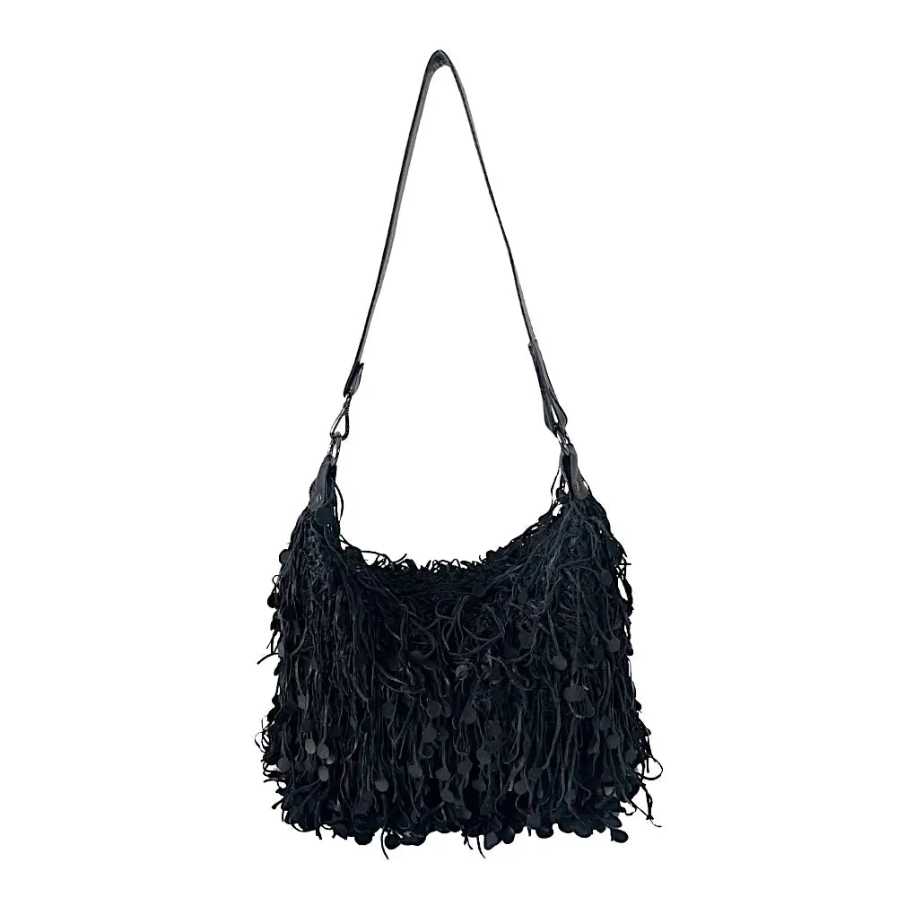 Bolsa Hobo Tricô Couro Moedas Preta - Vegana - Loja Online