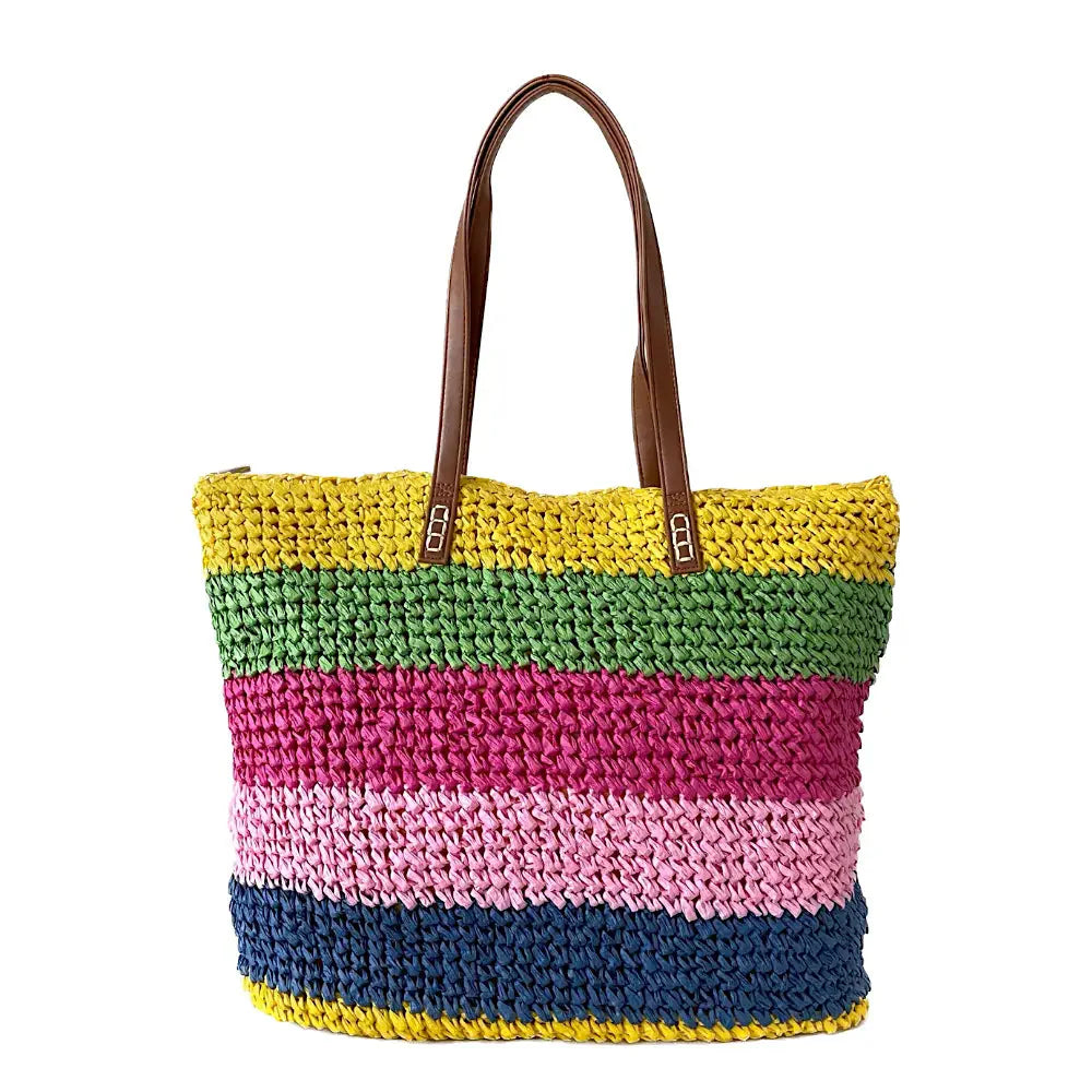 Bolsa Palha Listras Coloridas Amarela - Vegana - Loja