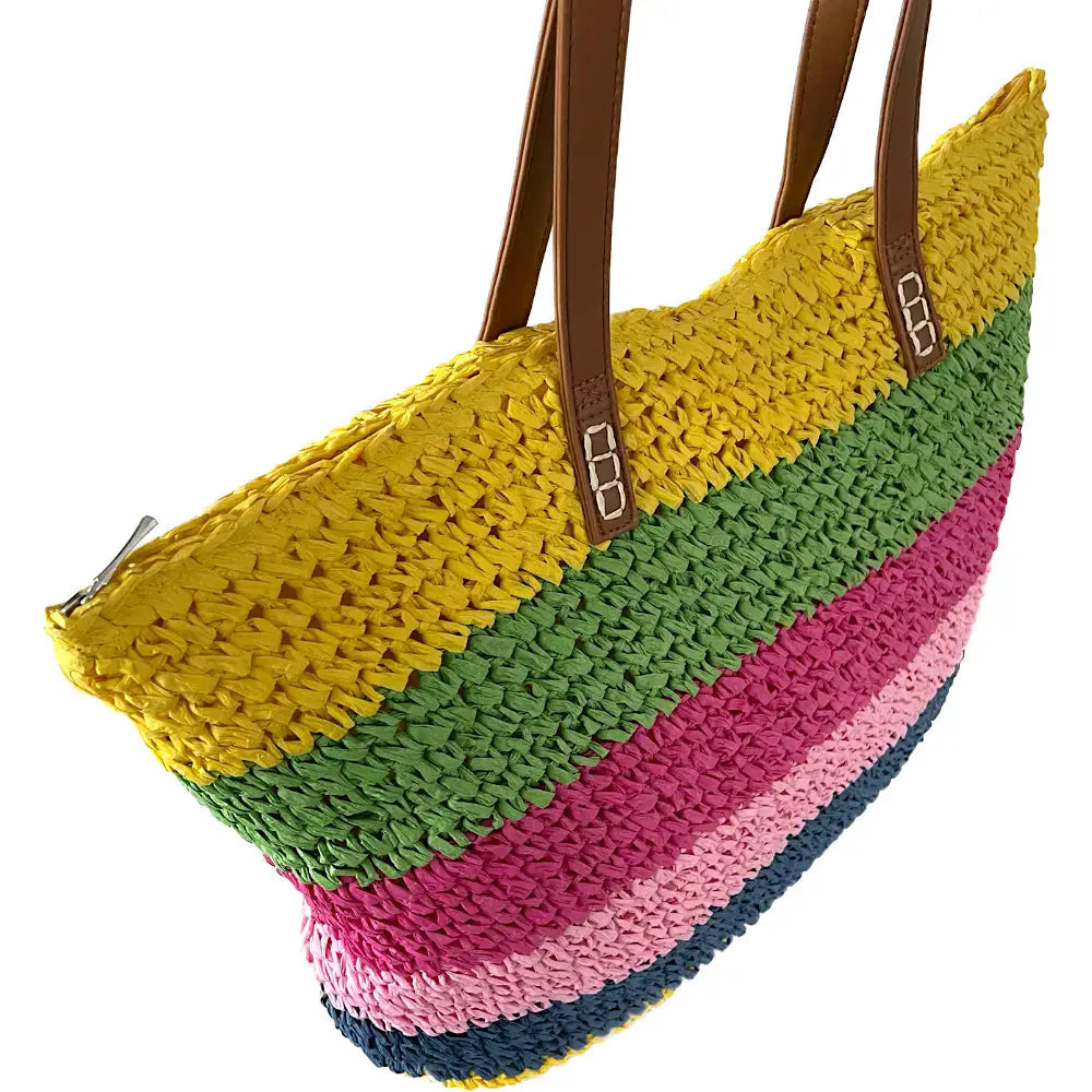 Bolsa Palha Listras Coloridas Amarela - Vegana - Loja