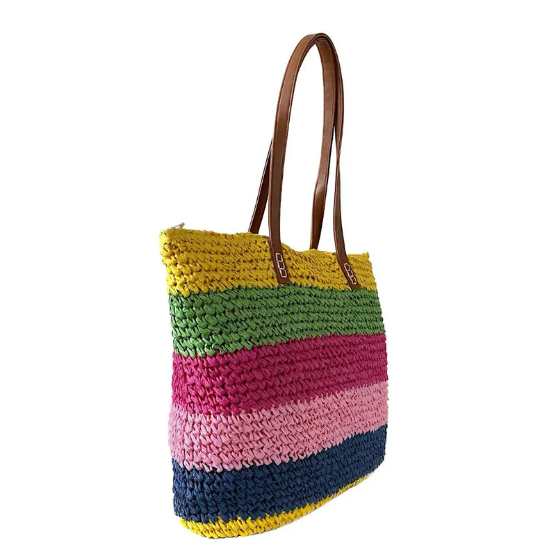 Bolsa Palha Listras Coloridas Amarela - Vegana - Loja
