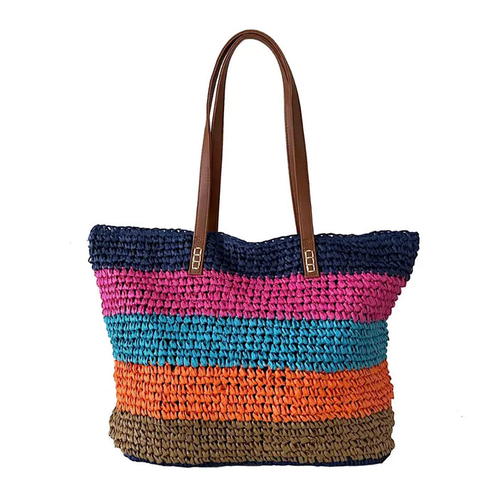 Bolsa Palha Listras Coloridas Azul - Vegana - Loja Online
