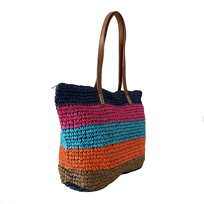 Bolsa Palha Listras Coloridas Azul - Vegana - Loja Online