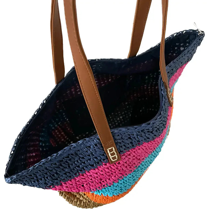 Bolsa Palha Listras Coloridas Azul - Vegana - Loja Online