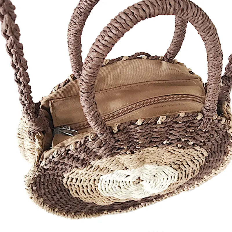 Bolsa Redonda em Palha Marrom Couro Loja Online Its