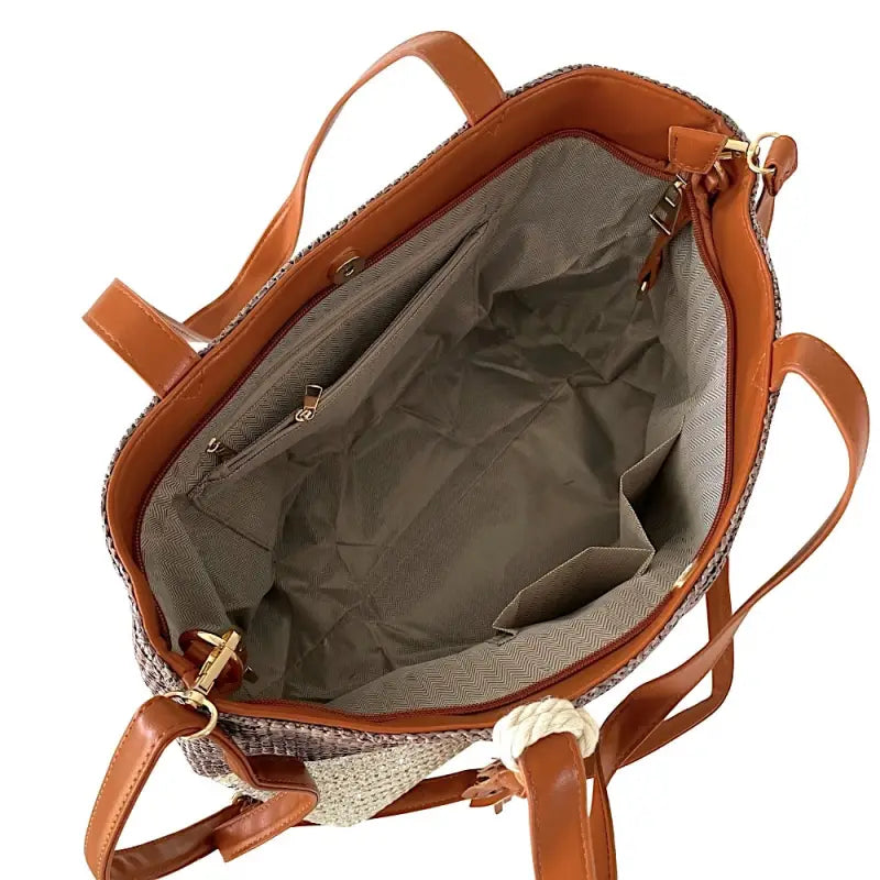 Bolsa shopper fibra listrada grande marrom: Fecho zíper, divisórias e bolsos