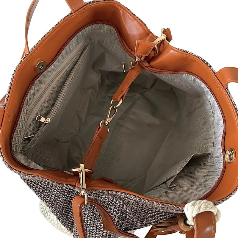 Bolsa shopper fibra listrada grande marrom: ótimo espaço para seus pertences