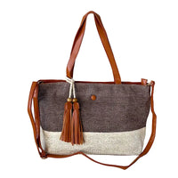 Bolsa shopper fibra listrada grande marrom com bege