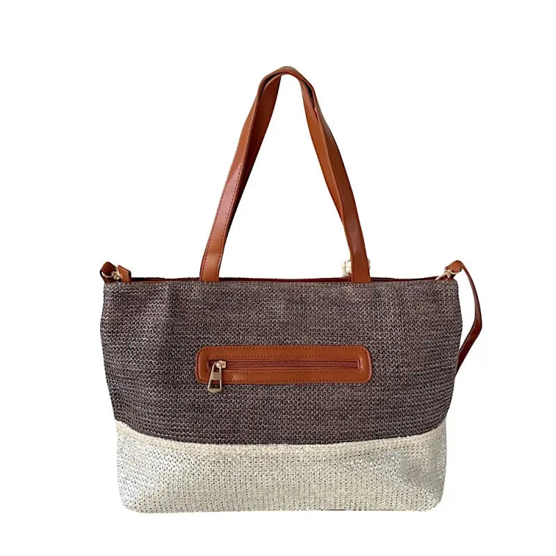 Bolsa shopper fibra listrada grande marrom: Bolso traseiro com zíper