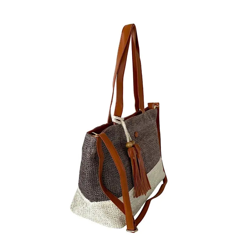 Bolsa shopper fibra listrada grande marrom: Alça ombro e alça tiracolo