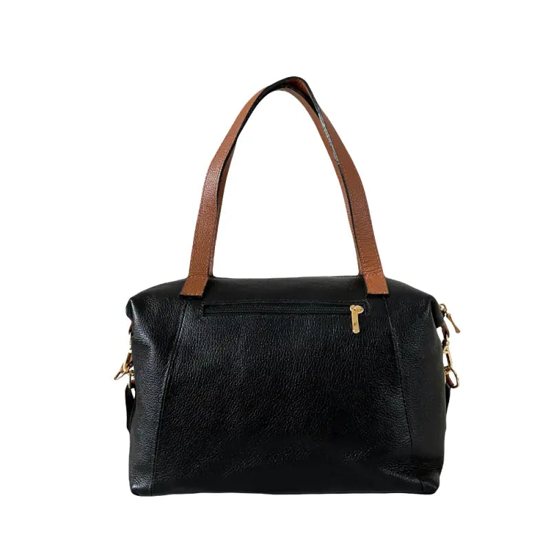 Bolsa tote em couro preto com alça transversal caramelo