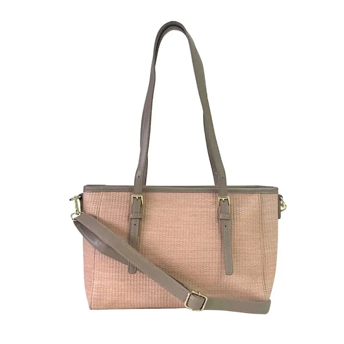 Bolsa tote ráfia sintética bege e alças em couro vegano