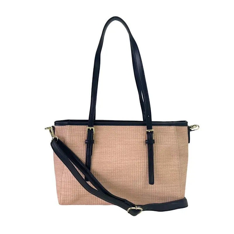 Bolsa tote ráfia sintética bege e alças em couro vegano