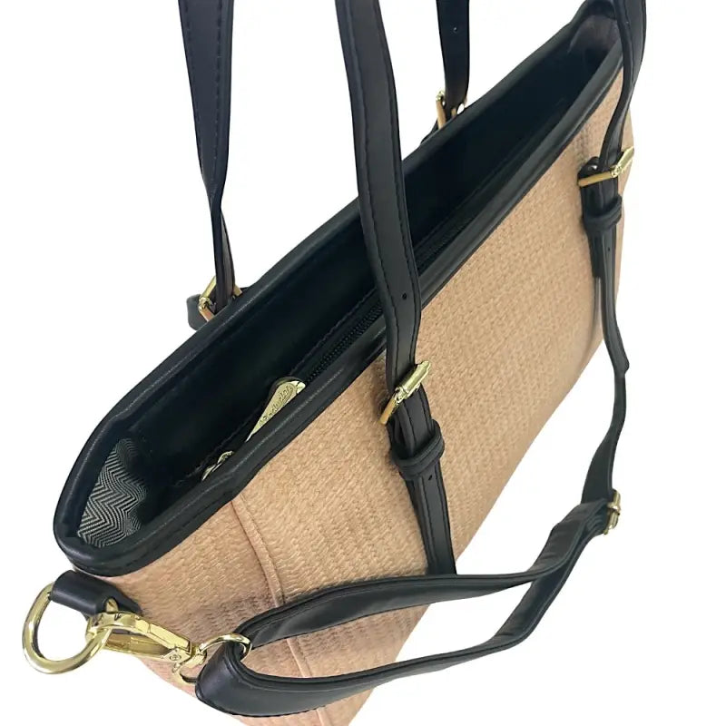 Bolsa tote ráfia sintética bege e alças em couro vegano