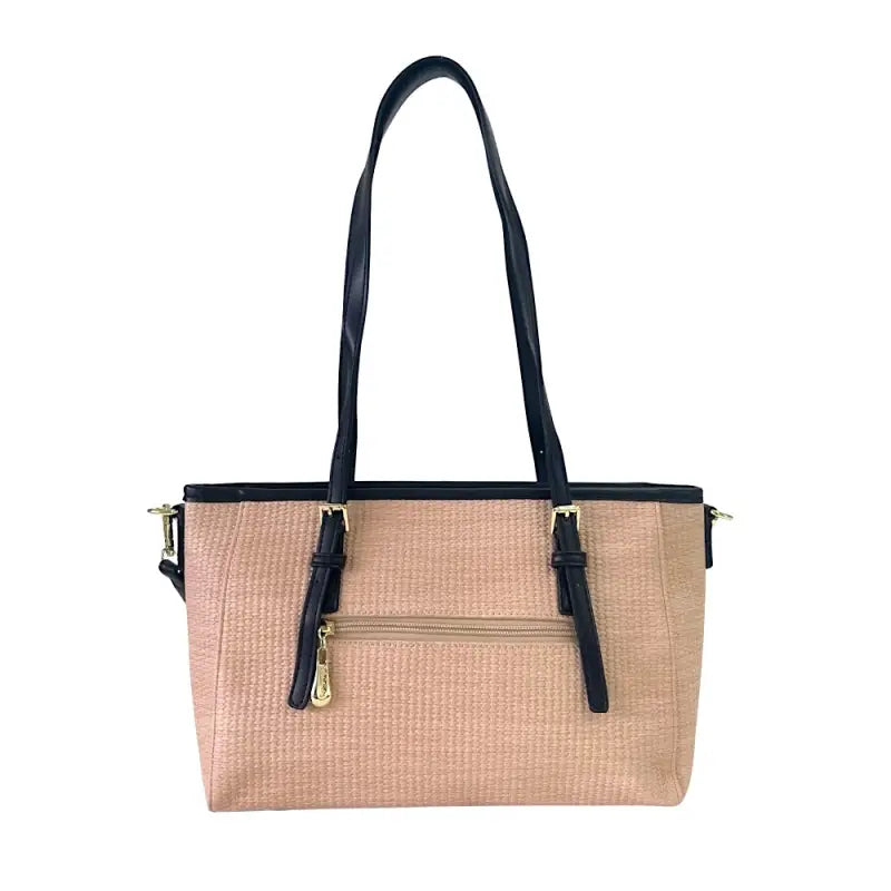 Bolsa tote ráfia sintética bege e alças em couro vegano