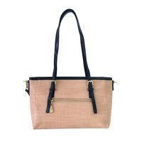 Bolsa tote ráfia sintética bege e alças em couro vegano