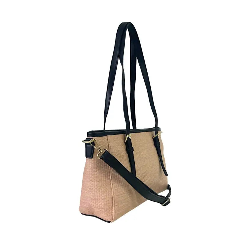 Bolsa tote ráfia sintética bege e alças em couro vegano