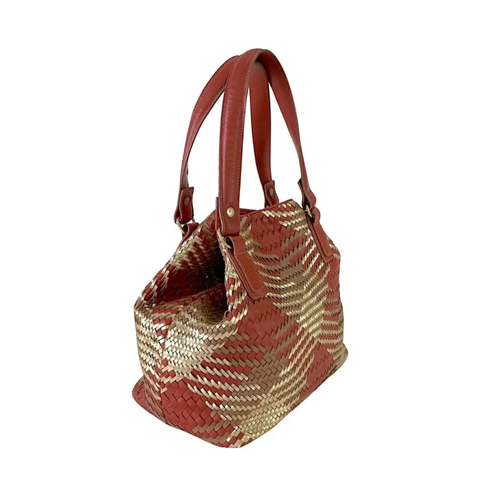 Bolsa Tote Tressê Couro Caramelo e Dourado - Vegana - Loja