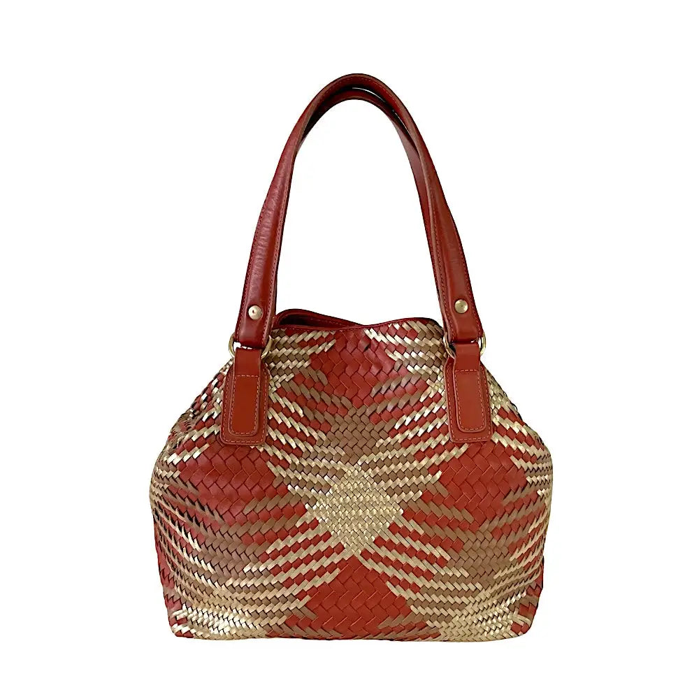 Bolsa Tote Tressê Couro Caramelo e Dourado - Vegana - Loja