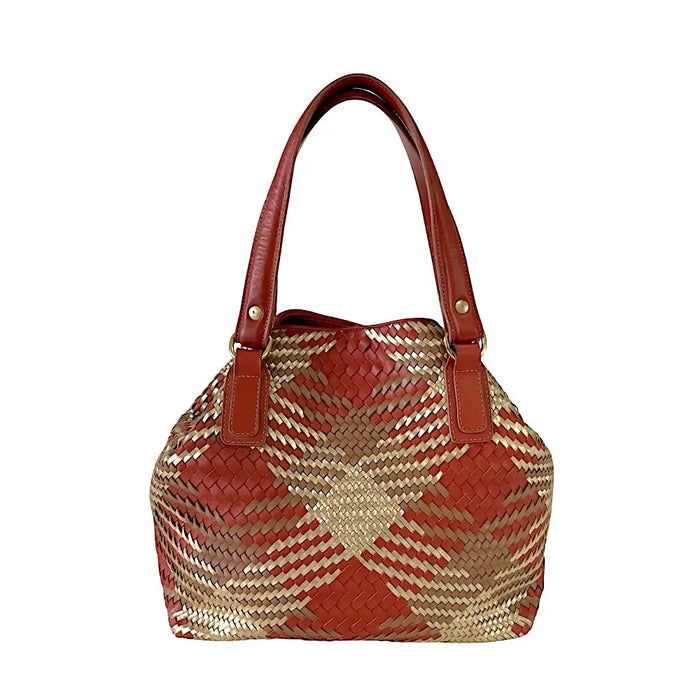 Bolsa Tote Tressê Couro Caramelo e Dourado - Vegana - Loja
