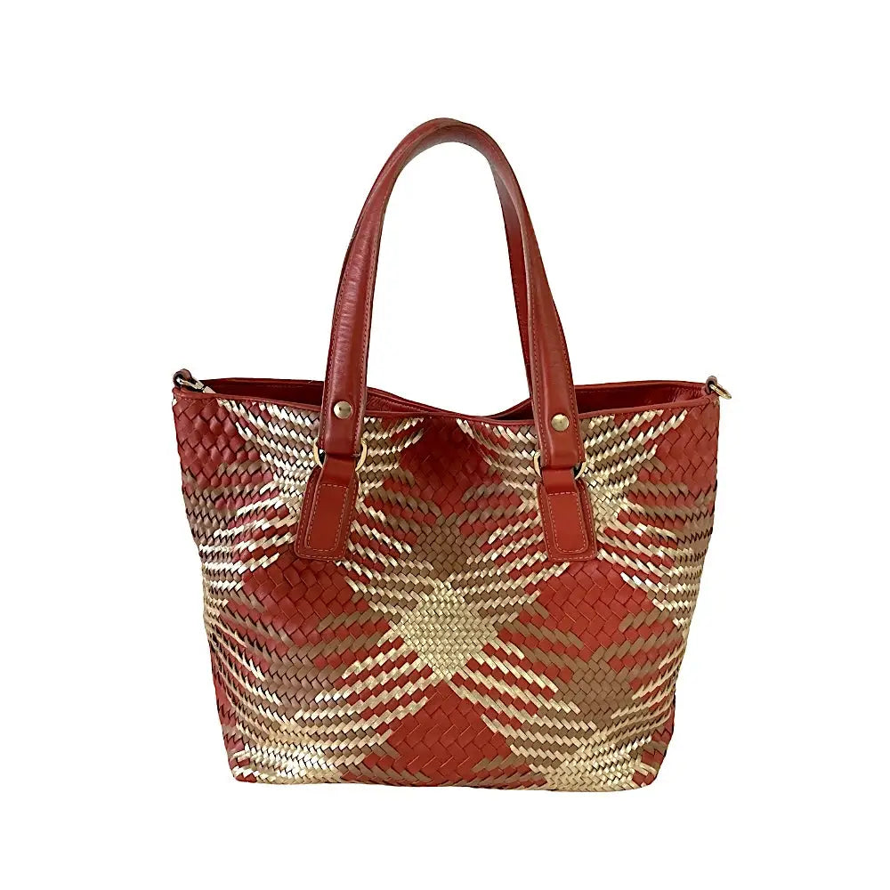 Bolsa Tote Tressê Couro Caramelo e Dourado - Vegana - Loja