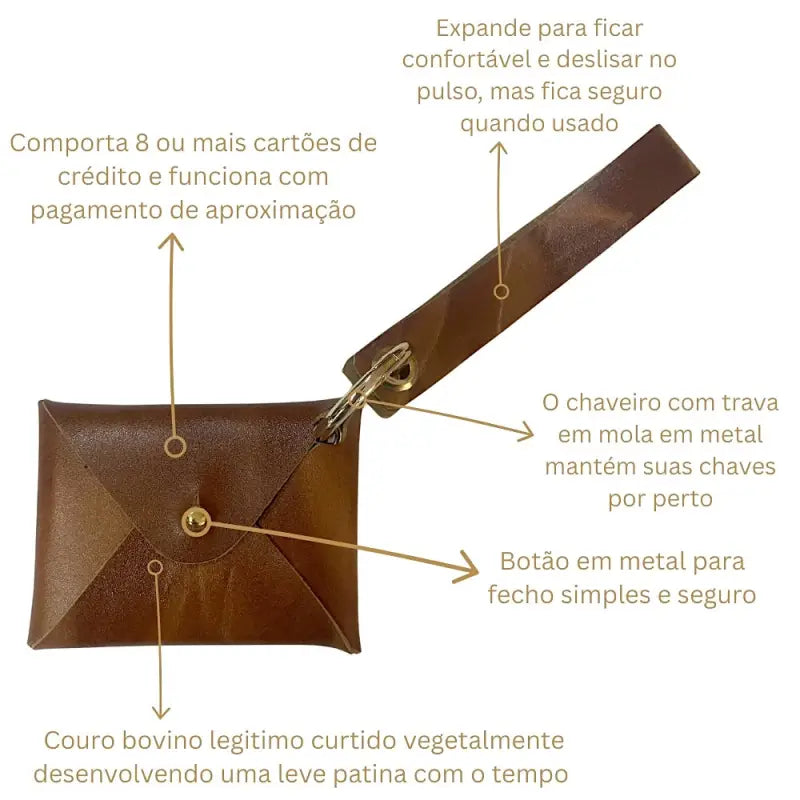 Carteira de pulso couro caramelo liso pátina natural e ferragem dourada