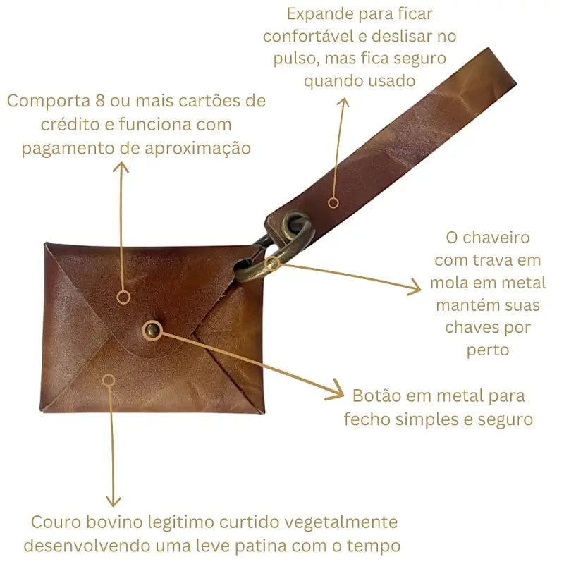 Carteira de pulso couro caramelo liso pátina natural e ferragem ouro velho