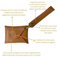 Carteira de pulso caramelo ferragem ouro velho, descrição detalhada
