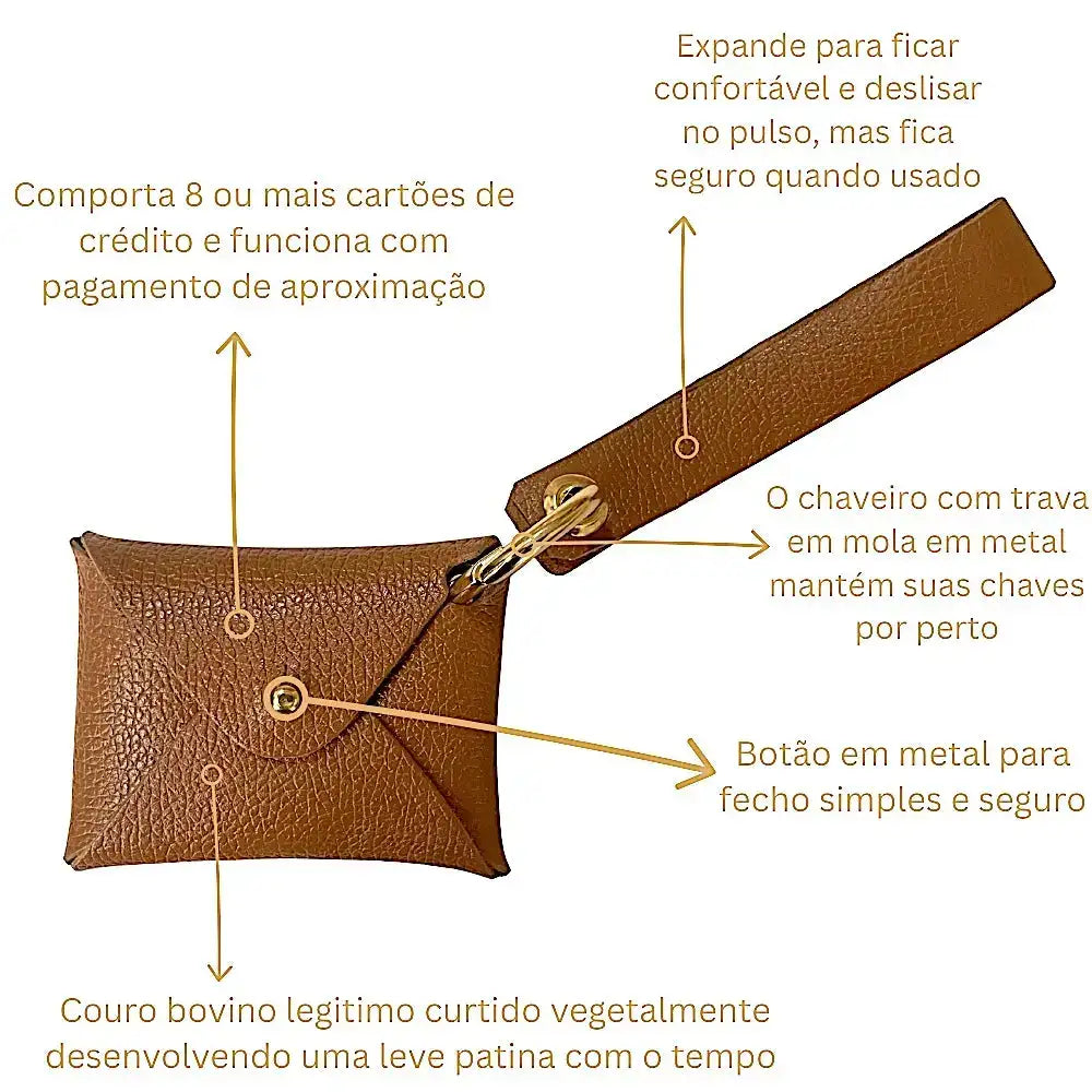 Carteira de pulso caramelo ferragem dourada, descrição detalhada
