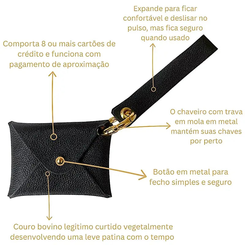 Carteira de pulso couro legitimo preto - ferragem dourada, descritiva detalhada