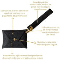 Carteira de pulso couro legitimo preto - ferragem dourada, descritiva detalhada