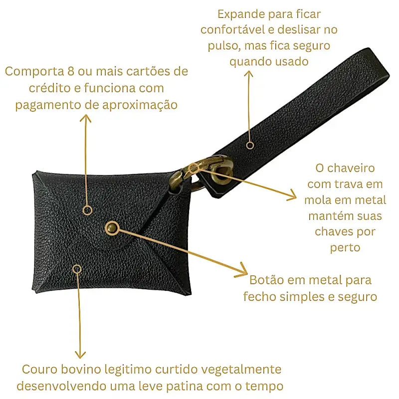 Carteira de pulso em couro preto e ferragem ouro velho, descritiva detalhada