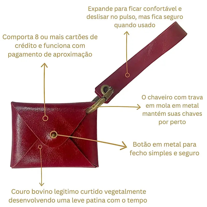 Carteira de pulso vermelha couro liso com pátina natural e ouro velho com descrição detalhada