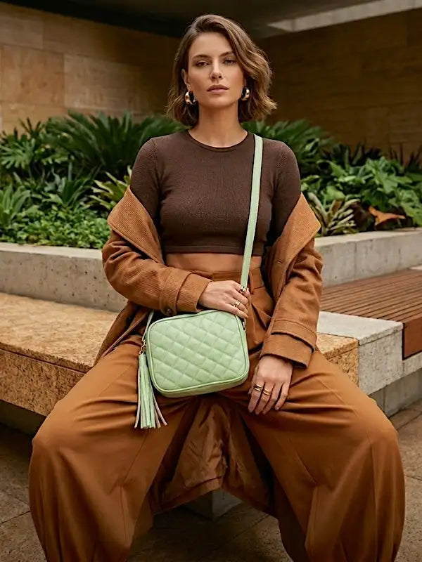 Look em tons de terra usando a bolsa tiracolo feminina em couro legitimo verde agua