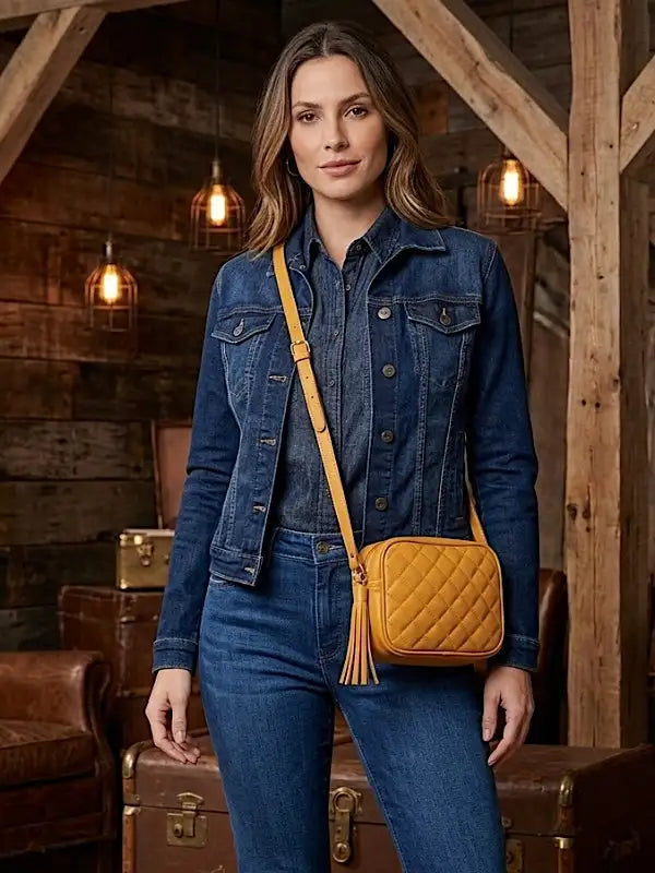 Look Jeans com a Bolsa Feminina Tiracolo Em Couro Legitimo em Oferta
