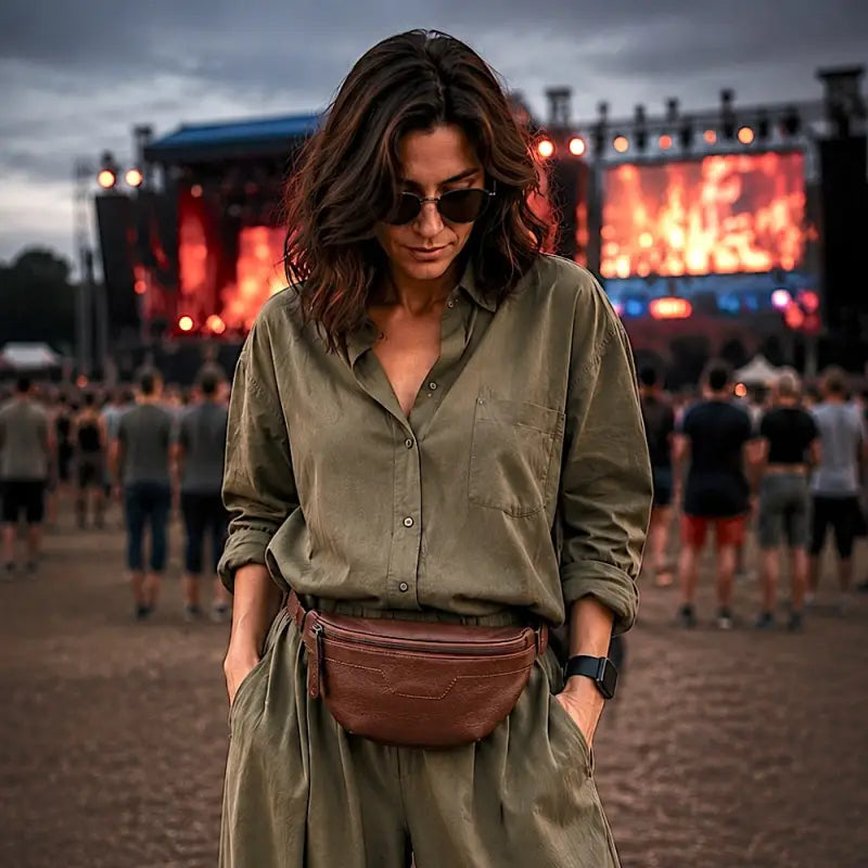 Mulher usando no show a Pochete feminina clássica na cor marrom moka em couro legítimo na cintura