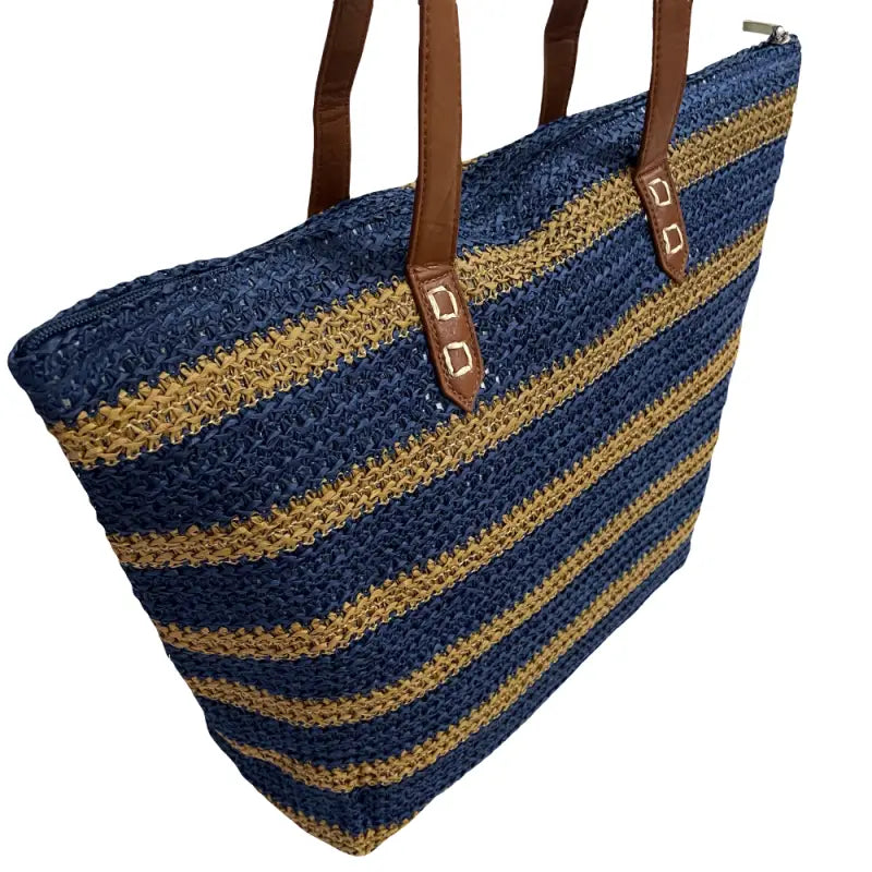Sacola Palha Listrada Azul Bolsa Couro Loja Online Its