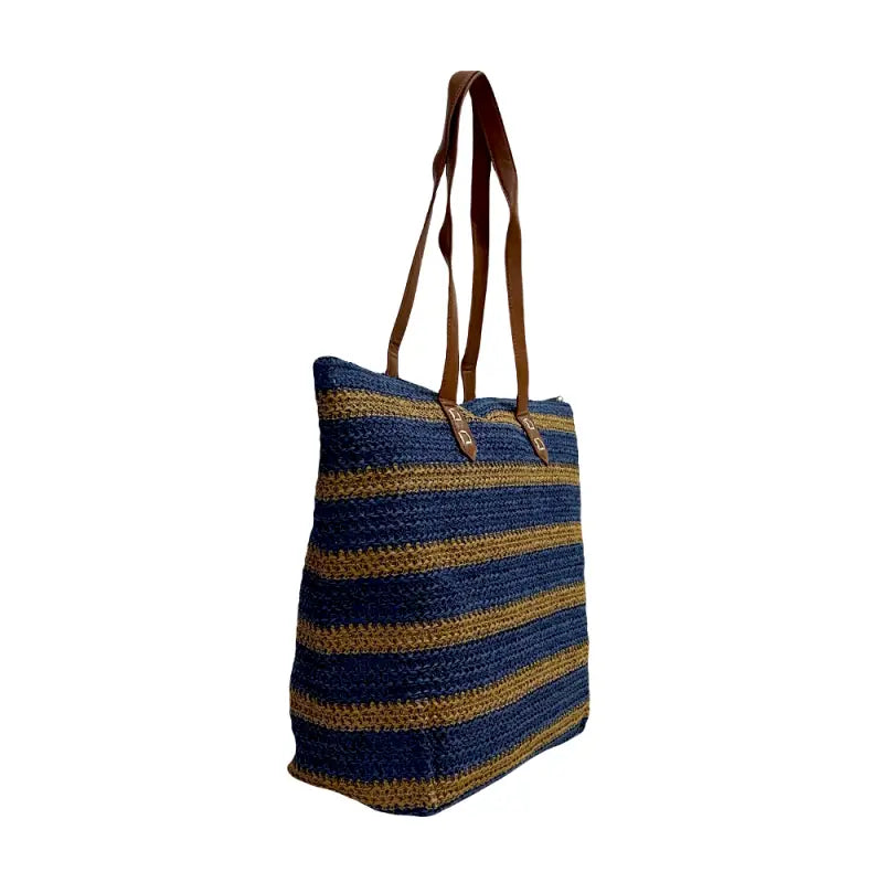 Sacola Palha Listrada Azul Bolsa Couro Loja Online Its