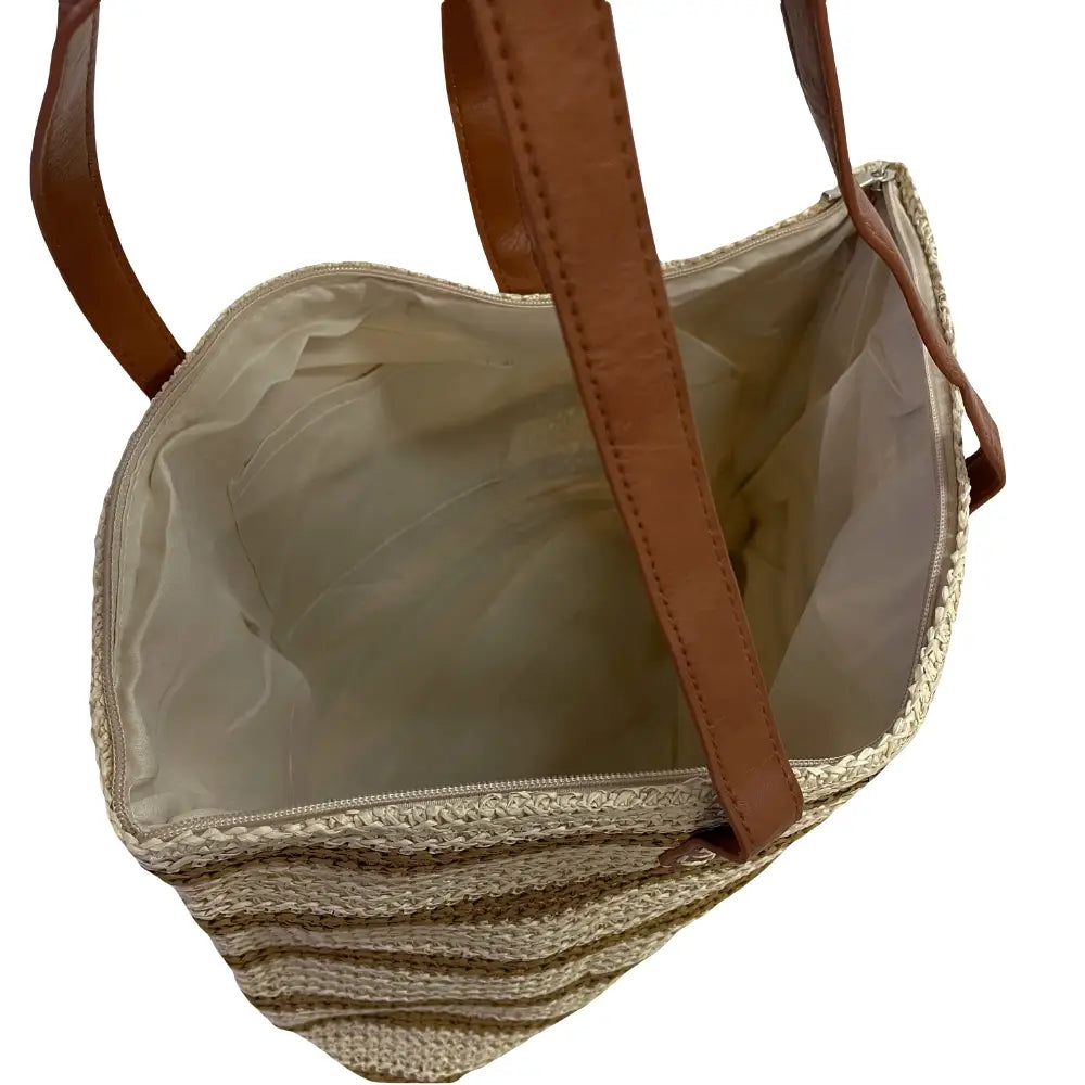 Sacola Palha Listrada Bege - Bolsa Vegana - Loja Online