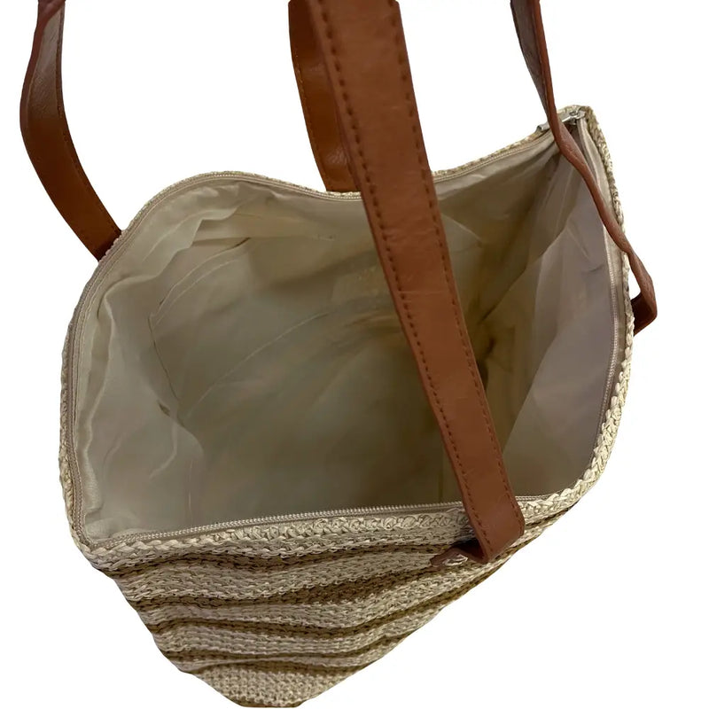Sacola Palha Listrada Bege - Bolsa Vegana - Loja Online