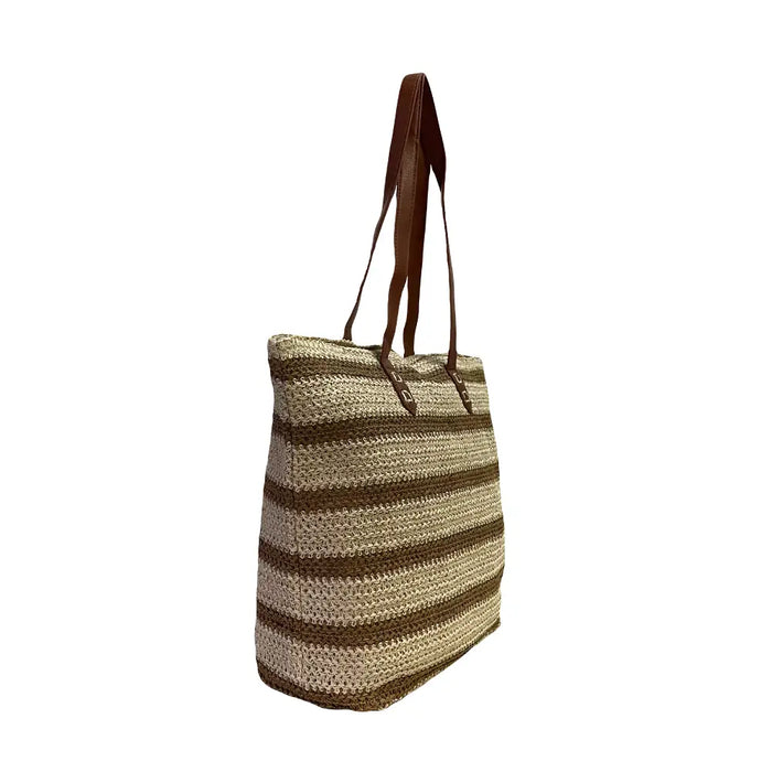 Sacola Palha Listrada Bege - Bolsa Vegana - Loja Online